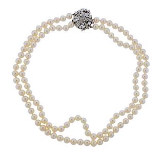 Mid Century 14K Gold Diamond Pearl Necklace