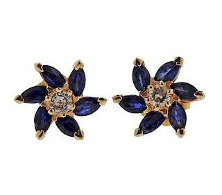 14k Gold Diamond Sapphire Flower Stud Earrings 