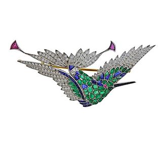 Platinum 18k Gold Diamond Sapphire Ruby Emerald Bird Brooch 