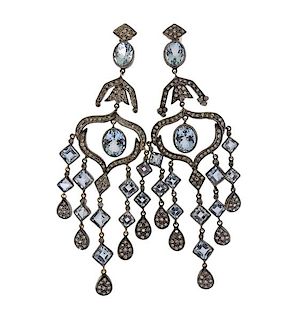 Silver 18k Gold Diamond topaz Chandelier Earrings 