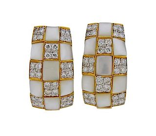 18k Gold Mother of Pearl Diamond Half Hoop Earrings 