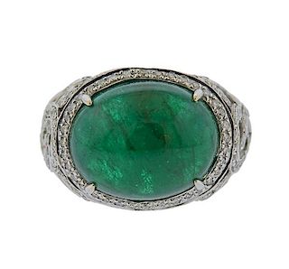 18K Gold Diamond Emerald Cabochon Ring