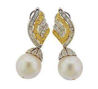 14K Gold Diamond Pearl Drop Earrings