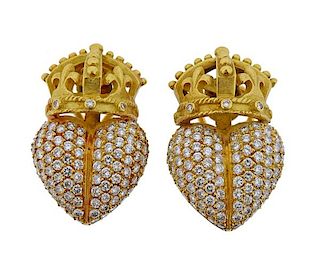 18k Gold Diamond Crown Heart Earrings 