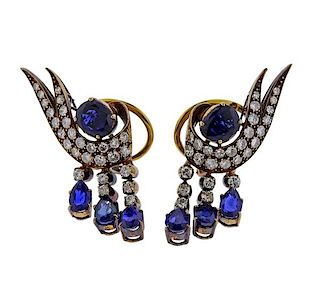 Mid Century 18k Gold Diamond Sapphire Earrings 