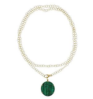 Gucci 18K Gold Malachite Pendant Long Necklace