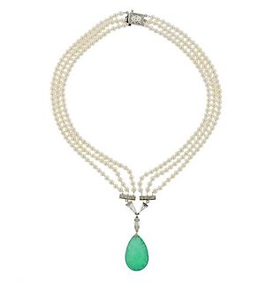 14k Gold Carved Emerald Diamond Pearl Necklace 
