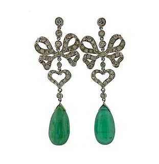 18k Gold Diamond Emerald Drop Earrings 