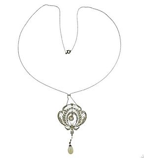 Antique Edwardian Diamond Pearl Lavalier Necklace 