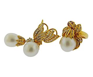 18K Gold Diamond Pearl Earrings Ring Set
