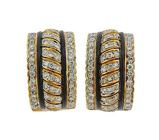 18K Gold Diamond Enamel Hoop Earrings