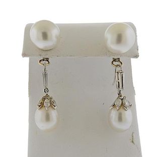 14K Gold Diamond Pearl Drop Earrings