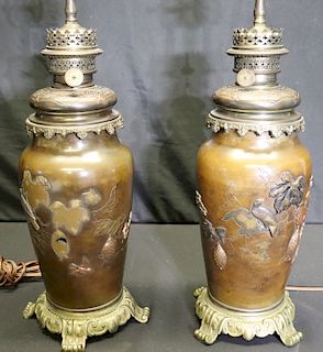 Pair Of  Meji Bronze Oil Lamps Now Electrified