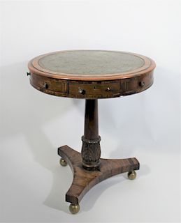 19th C. Leather Top Inlaid Drum Table
