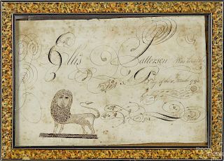 Pen and ink calligraphy of a lion, inscribed Ell