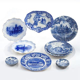 14 BLUE AND WHITE PLATES AND COASTERS