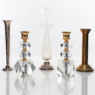 THREE CANDLE HOLDERS AND TWO STERLING SILVER VASES