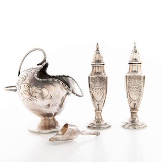 SILVER SALT AND PEPPER SHAKER, SUGAR BOWL WITH SCOOP