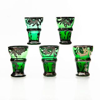 5 ART NOUVEAU DARK GREEN RETICULATED SHOT GLASSES