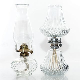 2 CUT GLASS OIL LAMPS, WITH CHIMNEYS