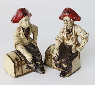 Pair of Vintage Cast Iron Polychrome Pirates Sitting on Treasure Chest Bookends