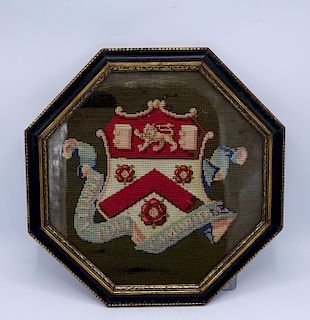 FRAMED OCTAGONAL NEEDLEPOINT COAT OF ARMS 