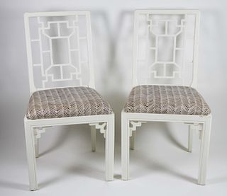 Pair of Contemporary White Painted Chinese Chippendale Style Side Chairs