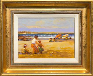 Vernon Broe Oil on Canvas Board "Summer Beach Bathers"