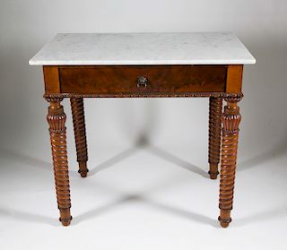 Scandinavian Mahogany One Drawer Side Table with White Marble Top