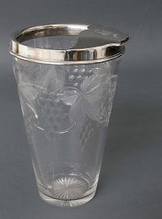 Sterling Silver Collar and Etched Crystal Cocktail Glass Pitcher