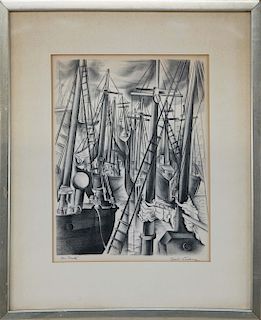 Ryah Ludins Black and White Limited Edition Lithograph "Masts" Ed. No. 7/30