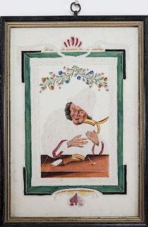 18th Century Stippled Pin-work Watercolor on Paper "Portrait of a Gentleman Holding a Jug"