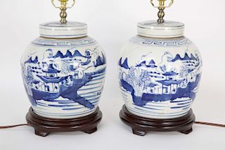 Pair of Blue and White Canton Style Covered Ginger Jar Lamps