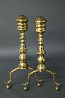 Pair of American Petite Multi-turned Brass Andirons, circa 1800