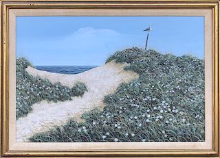 James Cromartie Acrylic on Masonite "Perched Seagull on Nantucket Blooming Dunes"