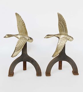 Pair of Cast Iron and Brass Flying Geese Andirons
