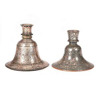 Two Indian inlaid metal candle holders