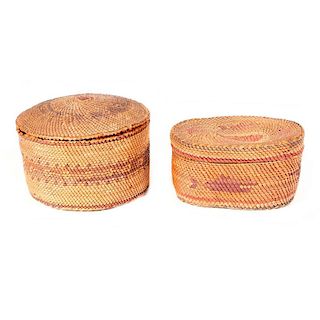 Two Makah lidded baskets