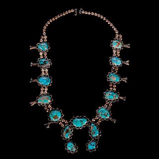 Native American turquoise and silver squash blossom necklace