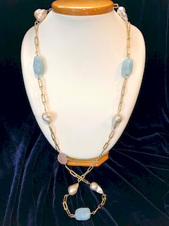 Aquamarine, Rose Quartz and Baroque Fresh Water Pearl Necklace