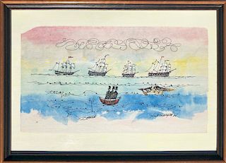 John Lochtefeld Gouache and Pen on Paper "Clippers, Sailors, Mermaids and Whale on the High Seas"