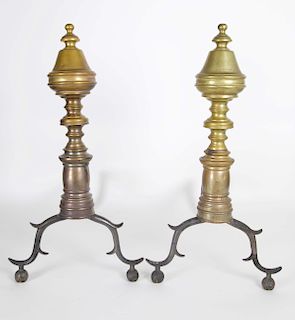 Pair of Large New England Urn and Finial Top Brass Andirons, 19th Century