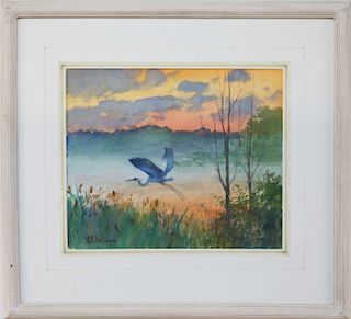 Gary D. Hoffmann Watercolor on Paper "Flying Crane at Sunrise"