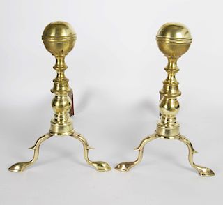 Pair Early 19th Century Brass Boston Ball Top Andirons