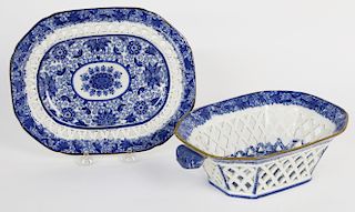English Blue and White Soft Paste Transferware Chestnut Basket and Underplate, circa 1800