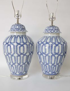 Pair of Contemporary Blue and White Geometric Design Covered Temple Jar Lamps