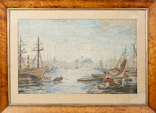 British Woolwork "Active Harbor Scene", 19th Century
