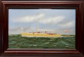 Thomas Willis Oil and Silk Embroidery on Painted Canvas "Portrait of the Yacht Sumida"