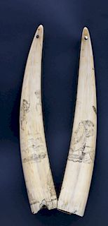 Pair of Scrimshawed Walrus Tusks, 19th Century