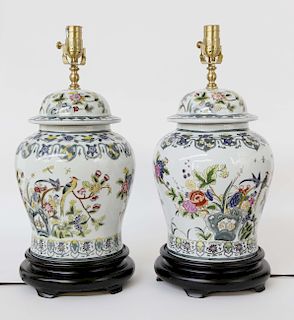 Pair of Chinese Porcelain Temple Jar Lamps